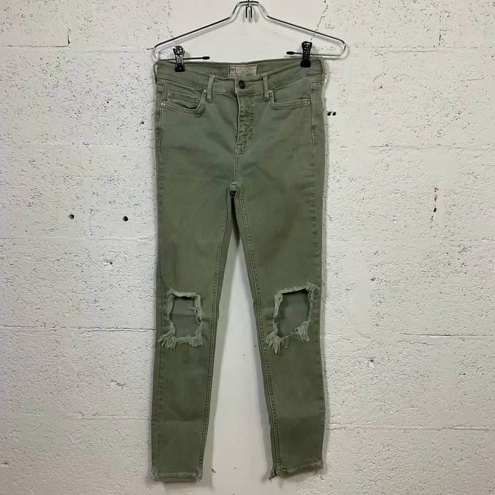 Free People Moss Green High-Rise Busted Knee Skinny Jeans 26